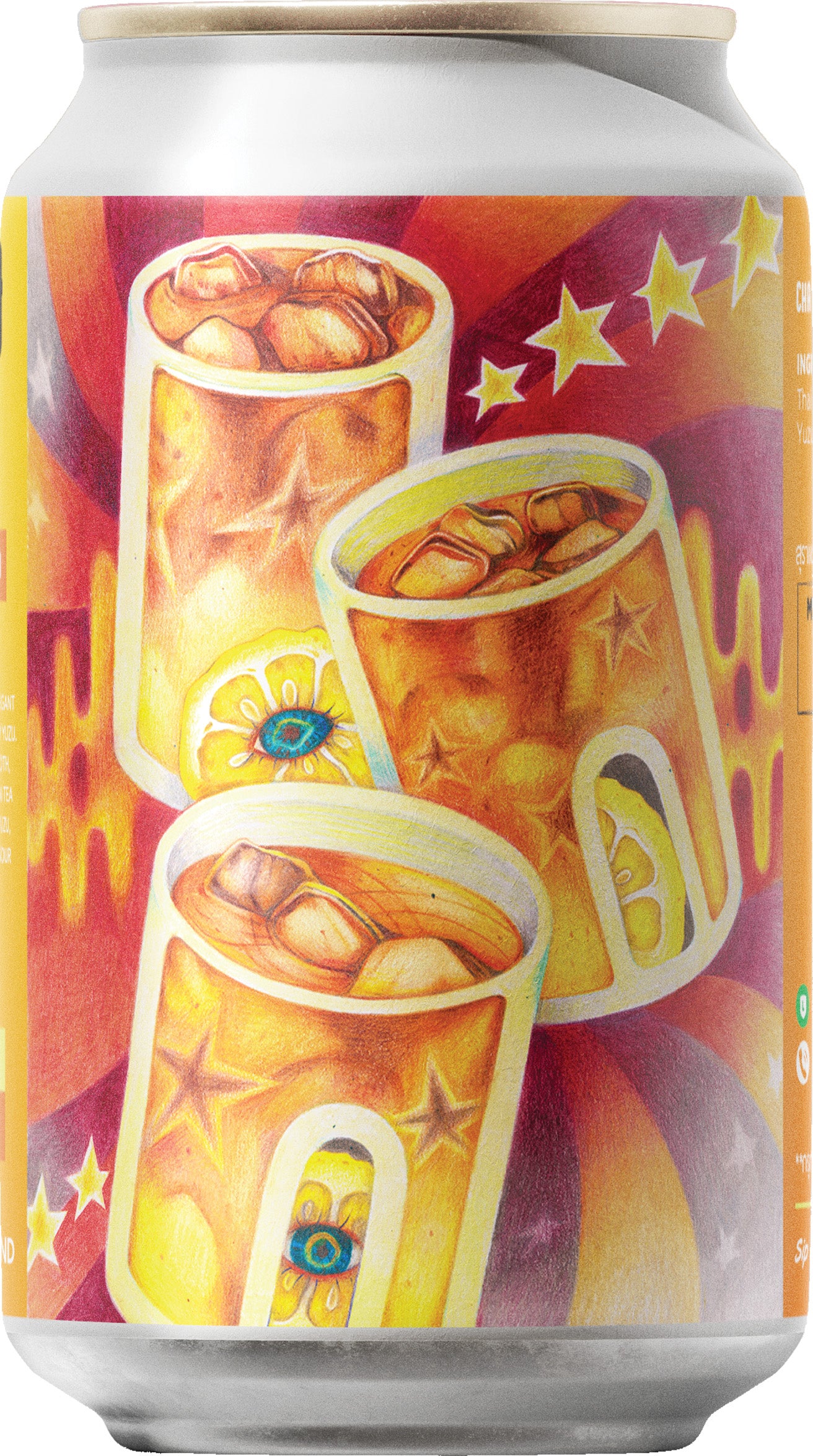 Colourful beer can with illustrations of hot drinks and stars on a vibrant background