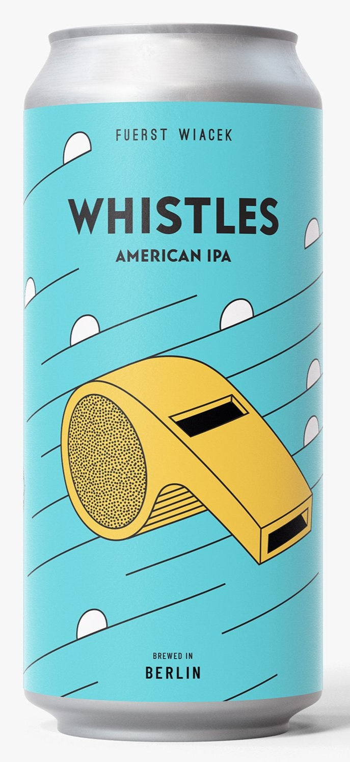 Can of Whistles American IPA with a yellow whistle graphic on a blue background by Fuerst Wiacek from Germany