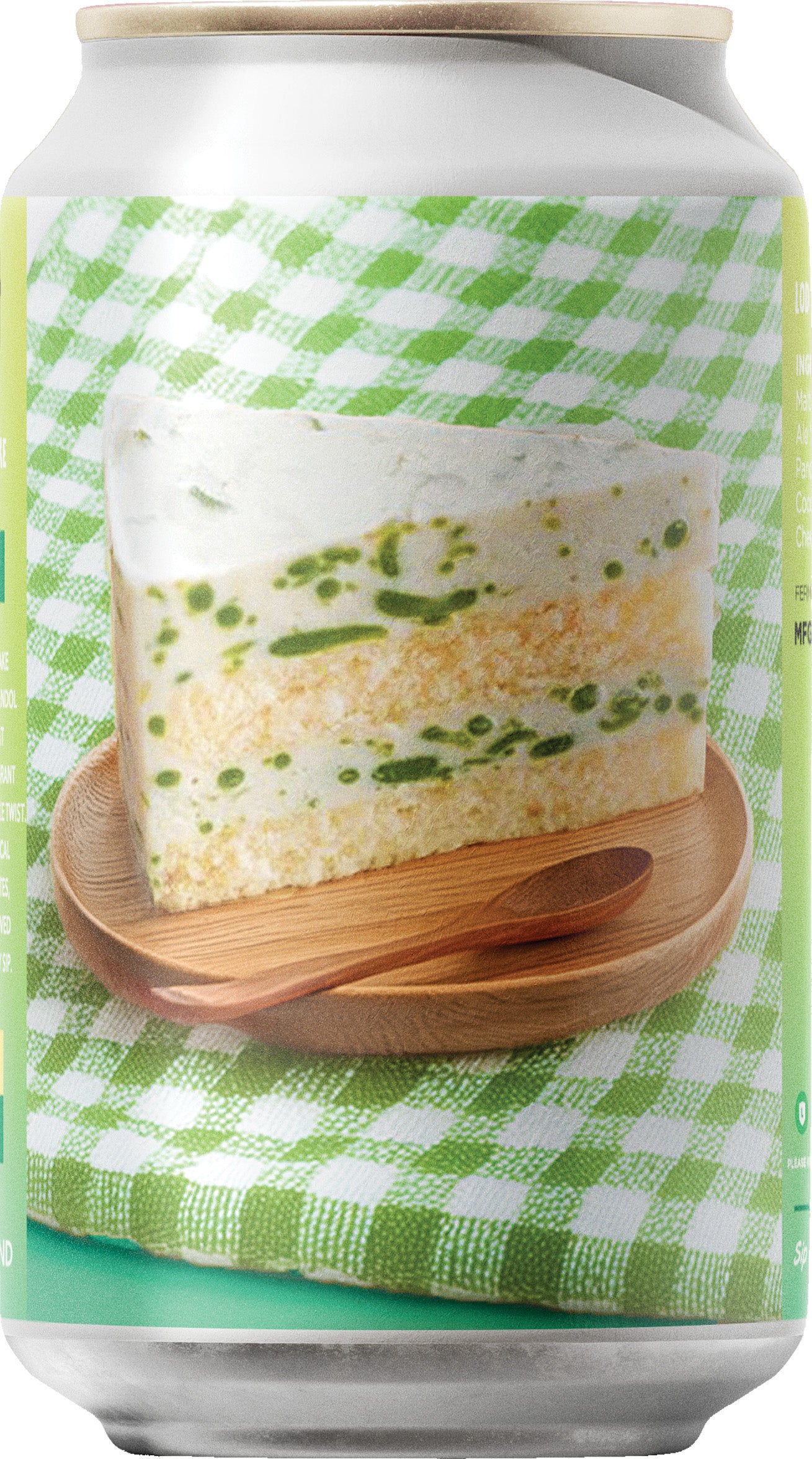Beer can with a green and white checkered pattern, featuring a lod chong cheescake on a wooden plate.
