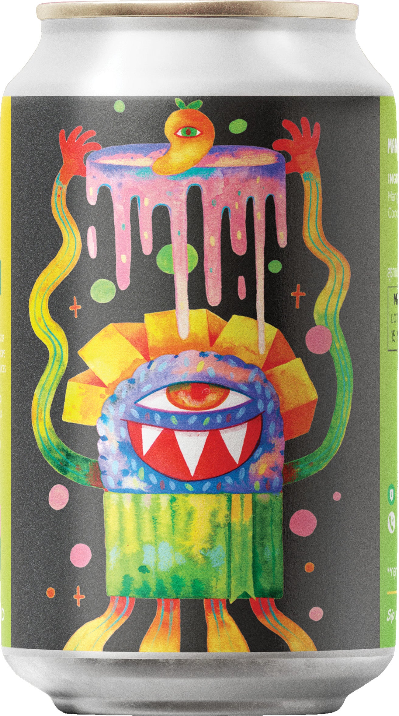 Colourful beer can with abstract design on a black background