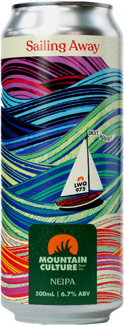 Beer can with colourful design and sailboat illustration, labeled 'Sailing Away' by Mountain Culture Beer