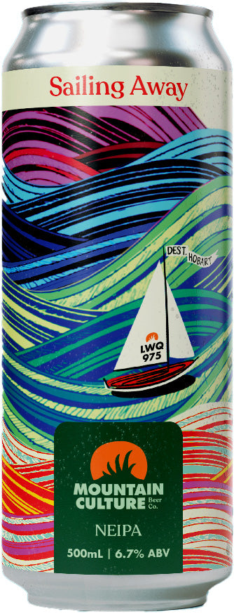 Beer can with colourful design and sailboat illustration, labeled 'Sailing Away' by Mountain Culture Beer