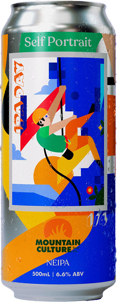 Can of 'Self Portrait' NEIPA with artistic design on a blue background